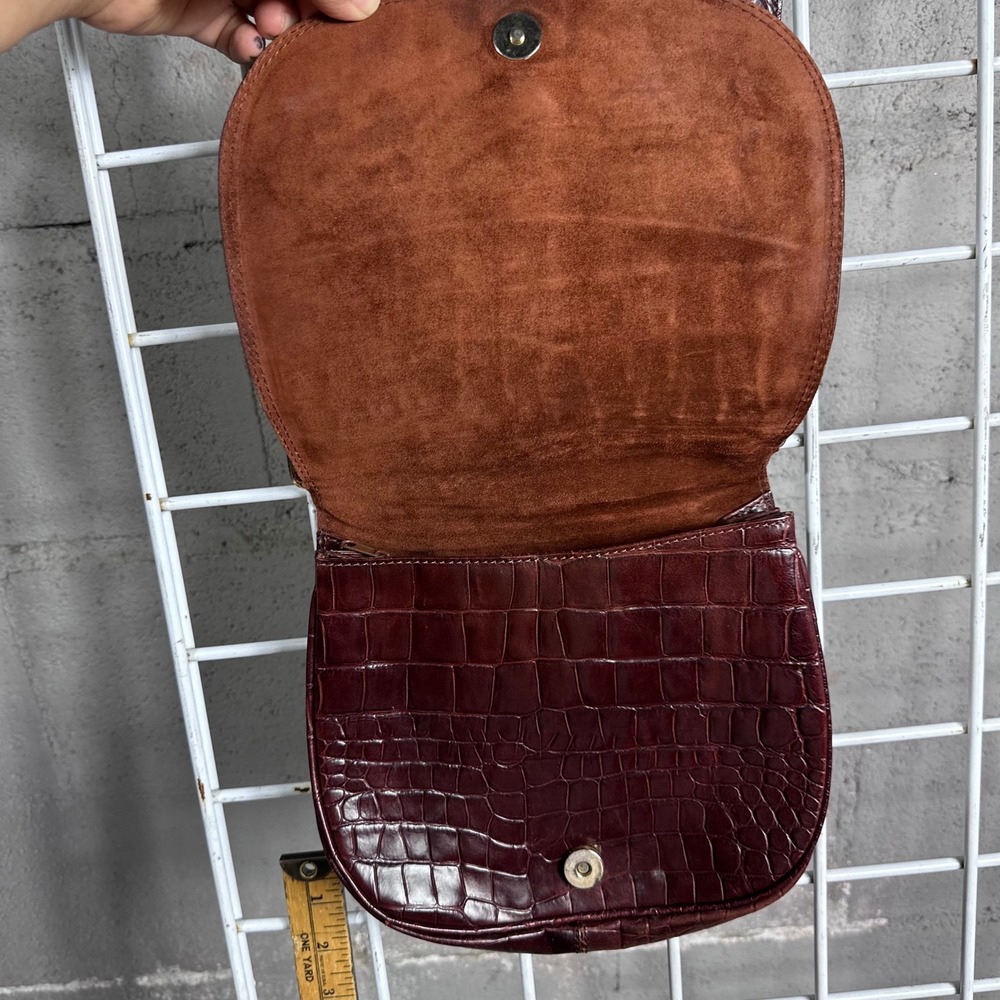 Brooks Brothers Vintage Italy Burgundy Croc Embossed brown Leather Crossbody Bag - Picture 4 of 10